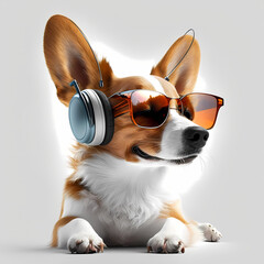 Happy Dog Listening Music with Headphone and Eye Glasses