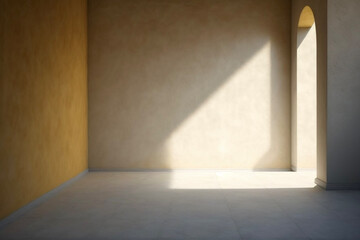 Minimal Empty Beige Room with Textured Venetian Plaster Wall and Light Shining Through a Window Background for Product Presentation Generative AI