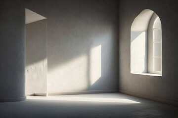 Minimal Empty Beige Room with Textured Venetian Plaster Wall and Light Shining Through a Window Background for Product Presentation Generative AI
