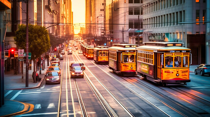 Naklejka na ściany i meble Cable cars moving along a downtown street at sunset, showcasing the unique and picturesque nature of San Francisco's transportation system