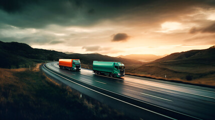 A captivating image of trucks overtaking on a pristine highway, demonstrating the elegance of modern transportation