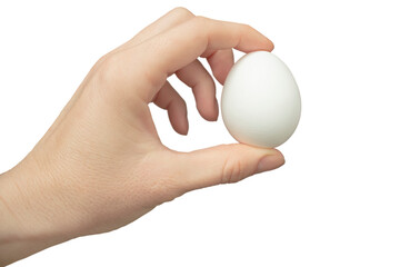 Fototapeta na wymiar A woman holds a white egg in her hand on a transparent background. The concept of healthy food, cooking.