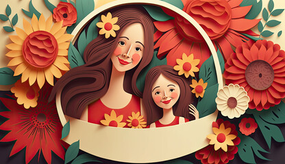 Mother's Day, 3d papercut mother and kid with flower background, International Mother's Day