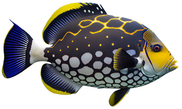 Tropical fish vaguely resembling clown trigger fish. AI generated illustration. 