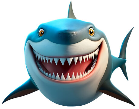 Cartoon style 3d jolly shark smiling widely.