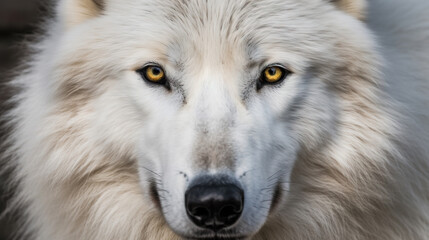 Obraz premium Generative AI, The Alluring Majesty of the White Wolf, A Striking Portrait of Power and Grace in the Wild, with Piercing Yellow Eyes That Mesmerize and Captivate. Generative AI. 
