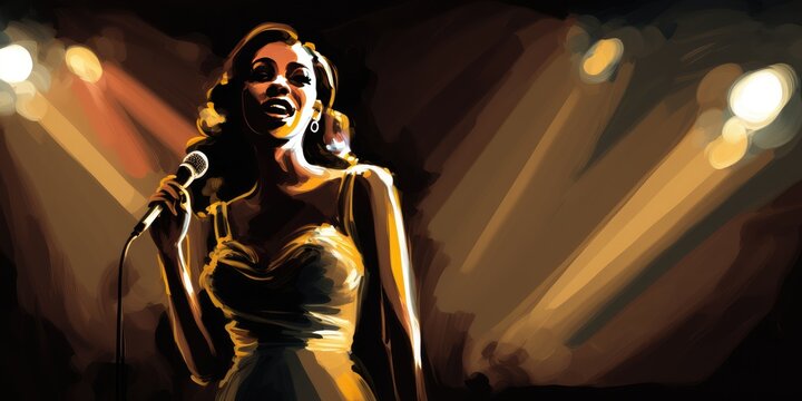 Woman singer singing jazz song in the nightclub in glamorous lighting. distinct generative AI image.