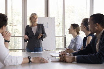 Mature business group leader woman speaking to diverse team of workers on meeting. Company teacher, speaker, presenter explaining marketing strategy, presenting sales reports