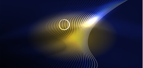 Neon laser lines, circles waves abstract background. Neon light or laser show, electric impulse, power lines, techno quantum energy impulse, magic glowing dynamic lines