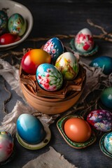 Fototapeta na wymiar Dyed eggs. Easter day holiday. Generative AI
