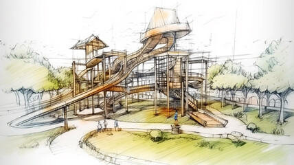 Fototapeta premium The watercolor illustration of a kid's playground. Built based on various themes that interest children. Located in an attractive landscaped environment. 