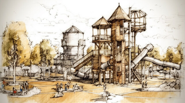 The watercolor illustration of a kid's playground. Built based on various themes that interest children. Located in an attractive landscaped environment. 