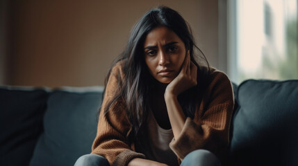 Unhappy depressed Indian woman holding head in hands, sitting alone on couch at home, stressed young female worried about bad relationship Generative AI - obrazy, fototapety, plakaty
