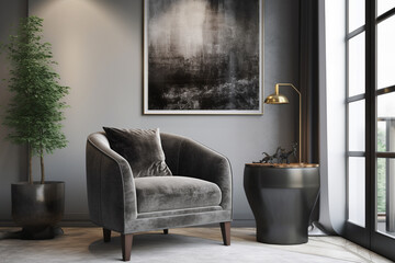 Stylish grey armchair and beautiful painting near white wall, Generative AI