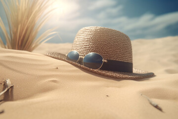 Summer beach accessories - sun hat and sunglasses on sand. Summer vacation background, Generative AI