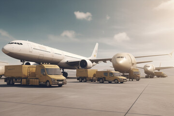 Fototapeta na wymiar Transport trucks of various sizes ready to ship With a transport plane, Generative AI