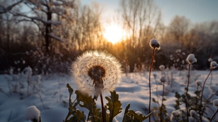 dandelions in the snow sunrise at morning, romantic scene at field, shallow depth of field, soft blur, fresh cold winter, generative ai