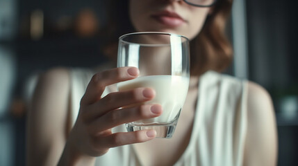 Young woman holding a glass of milk in the kitchen. close up Generative AI