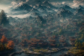 a beautiful landscape view on a old asian town with unique buildings and the mountains in the background. Generative AI