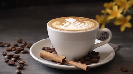 Cappuccino with cinnamon sticks and coffee beans