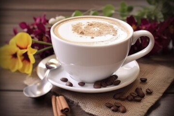 Cappuccino coffee mug on wood table with coffee beans, cinnamon and flowers