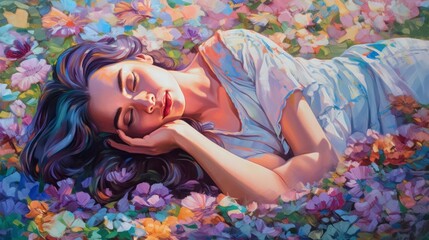 Obraz na płótnie Canvas Relaxed beautiful woman sleeping on flowers watercolor paint illustration, pastel vivid beauty colors, oil brush strokes blue tone, generative ai
