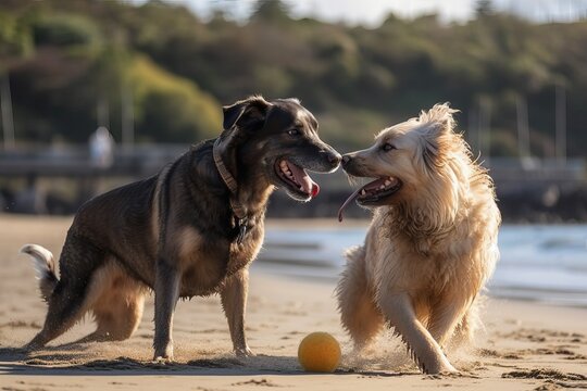Dog play together at beach, pet fun (Ai generated)