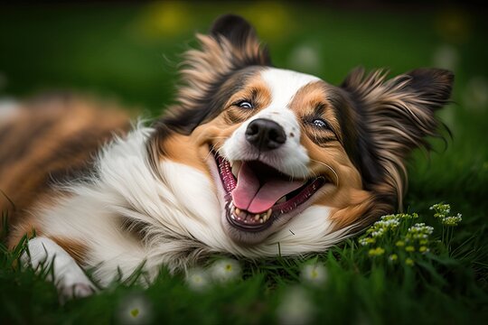 Smiling dog laying down at green field (Ai generated)