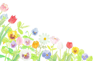 水彩絵の具で描いた春の花のブーケ