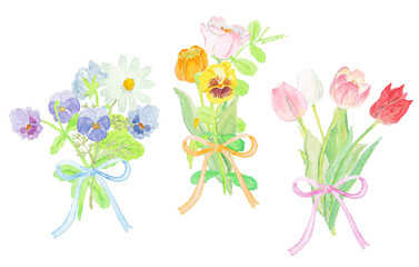 水彩絵の具で描いた春の花のブーケ