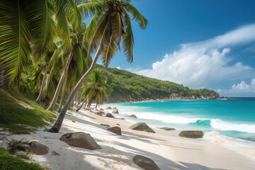 Naklejka na ściany i meble Palm trees and white sand beach with blue water (Ai generated)