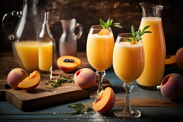 Drink, Peach juice mimosa or bellini cocktails for brunch (Ai generated)