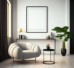 mock up poster frame in modern interior background, interior space, living room, Contemporary style, 3D render, 3D illustration