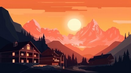house and sunset in the mountains, winter arctic climate, top landscape view dusk at Alp illustration, generative ai
