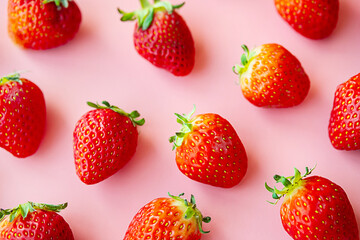 Fresh ripe strawberries collection on pink. Set of organic summer berry fruits.