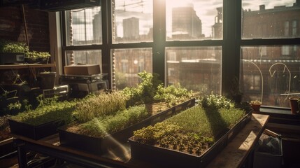 Small seedlings in pots on the windowsill in a loft apartment, Generative AI