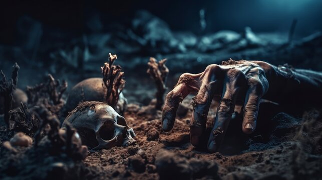 Scary halloween concept. Scary zombie hands with human skull on dark toned foggy background. Selective focus. Generative AI
