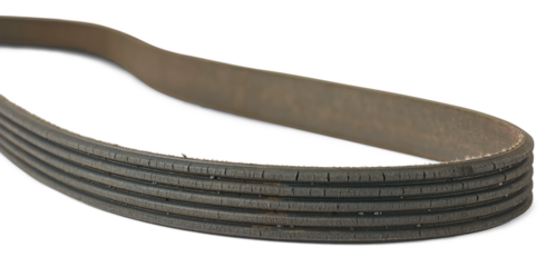 old used and worn out vehicle drive belt isolated, failed and cracked serpentine belt taken in selective focus, replaceable parts