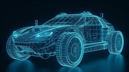 Naklejka premium Frontside Futuristic AR car wireframe concept, generative ai, Augmented reality wireframe of car concept with blue background