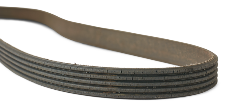 old used and worn out vehicle drive belt isolated, failed and cracked serpentine belt taken in selective focus, replaceable parts