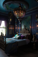 Obraz premium Gothic Bedroom in Blue and Purple, AI