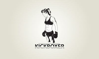 Female kickboxer. Poster. Logo. Black and white vector image of an athlete.