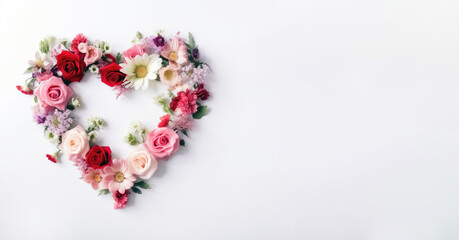 Flowers in the shape of a heart banner on a white background generated by AI