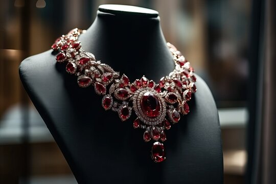Ruby Necklace Jewelry Statement on Mannequin, Luxury Elegant jewel (Ai generated)