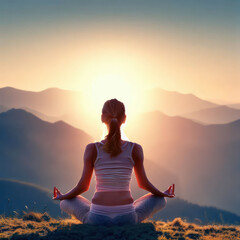Woman practices yoga and meditation in the mountains at sunset, generative AI