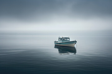 Naklejka premium Minimalist photo of a boat on a misty lake on a gray overcast day generated by AI
