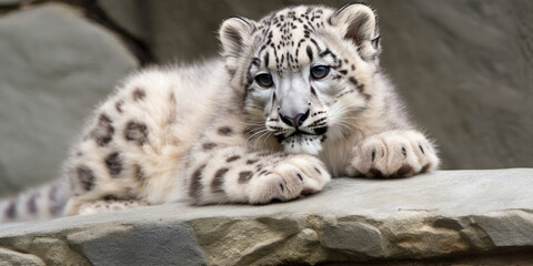 Fototapeta premium Photo of a cute white snow leopard cub resting on a rock