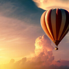 Hot air balloon in the sunset evening sky with clouds, copy space, generative AI