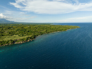 Aerial drone of tropical landscape and blue sea on the coast. Ocean and blue sky. Negros, Philippines