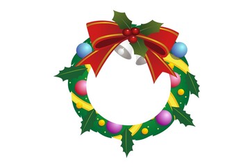 christmas wreath with ribbon and bow with bells on white background